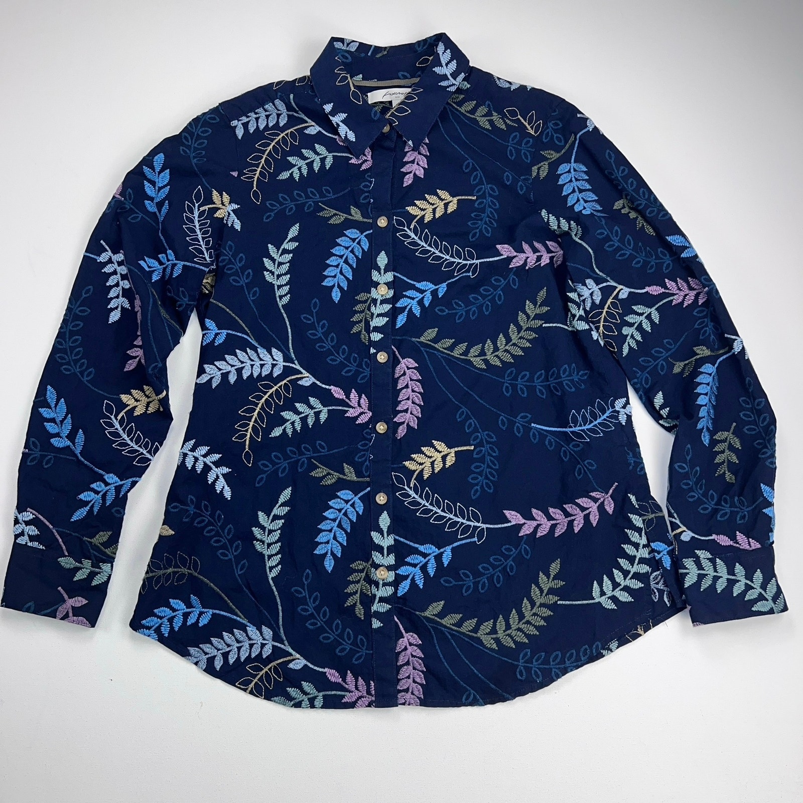Foxcroft Nyc Embroidered Button Up Shirt Relaxed Navy Blue Leaves Blouse Size 8
